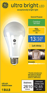 GE Ultra Bright 93129366 Light Bulb, A23 Lamp, 150 W Equivalent, Medium (E26) Lamp Base, Dimmable, Soft White Light